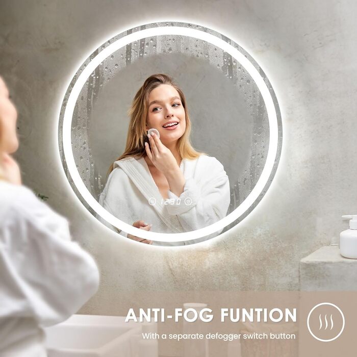 Дзеркало для ванної кімнати Dripex круглої форми з підсвічуванням LED, сенсорне керування, регулювання яскравості, 3 кольори світла, запобігання запотіванню, 60x60 см