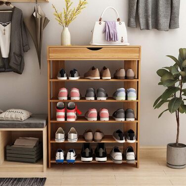 Soges 5-Tier Shoe Rack Shoe Cabinet Wood, 75 x 30 x 94.5 cm Shoe Storage Shoe Stand for Living Room, Entrance Hall, Hallway, Teak
