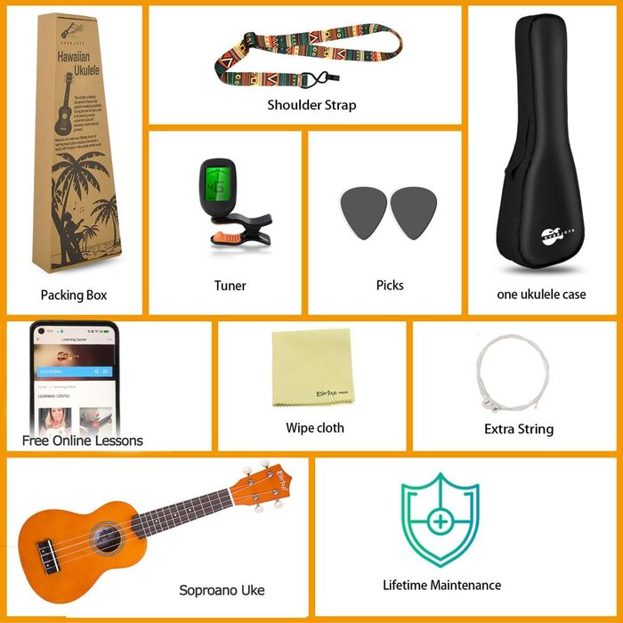 Укулеле Everjoys Sopran 21 дюйм: Комплект для початківців з чохлом, тюнером, нотами та плектром