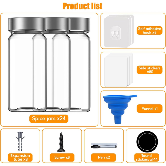 Спеція органайзер з 24 скляними баночками та етикетками, без свердління, настінний, підходить для стін та шаф, комплект з 4 шт.
