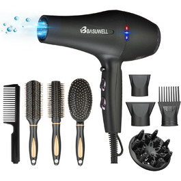 Фен Basuwell Ionen Pro 2100W: Професійний фен для салону краси з іонізацією, 3 режими нагріву, 2 швидкості, насадка-дифузор, AC-двигун, чорний