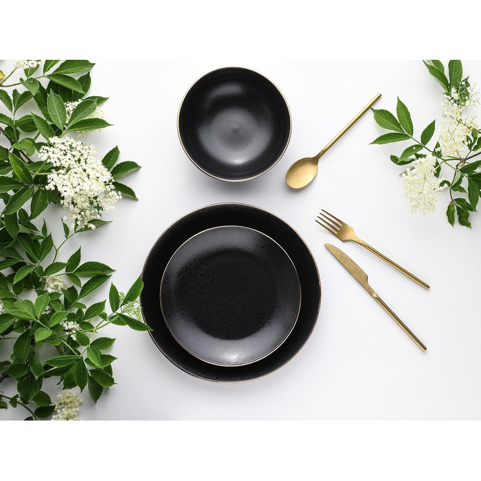 CreaTable Geschirr Set INDUSTRIAL GOLD: 16-teilний сервіз для 4 осіб (чорний), з каменю, для посудомийної машини та мікрохвильової печі