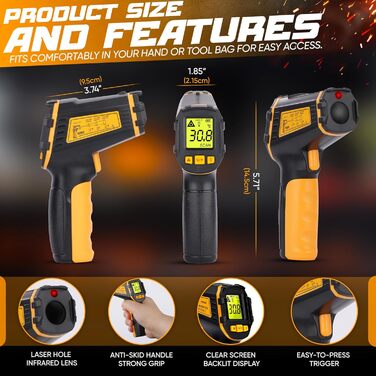Інфрачервоний термометр пістолет -50 ℃ ~ 600 ℃ Безконтактний цифровий лазерний термометр для приготування їжі, піци, духовки, холодильника, продуктів харчування, ремонту автомобілів, морозильника, солодощів