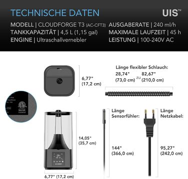 AC Infinity CLOUDFORGE T3 – Увлажнитель воздуха для растений 4.5 л с контролем VPD, 10-ступенчатый распылитель, удлиняемый шланг, защита от протечек, для гроубоксов