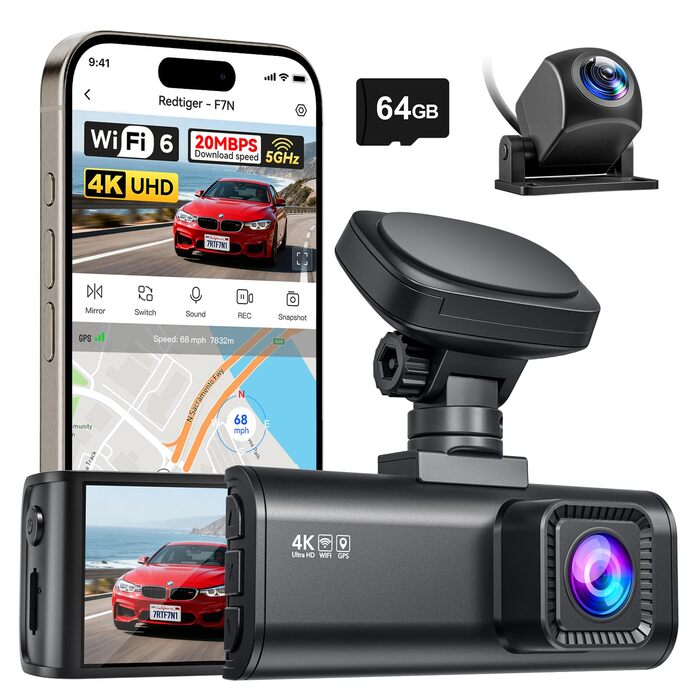 Автомобільний відеореєстратор REDTIGER F7N 4K з WiFi та GPS, передня камера 4K/2.5K, задня 1080P, кут 170°, моніторинг паркування, карта пам'яті 64ГБ у комплекті
