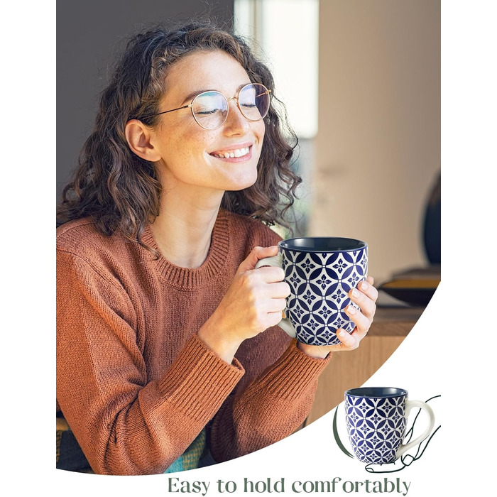 DOWAN Coffee Mug Set, 6 x 560 ml Porcelain Coffee Cups, Large Cups in Chinese Traditional Pattern Style for Coffee, Milk, Tea & Hot Chocolate, Coffee Mug Blue and White