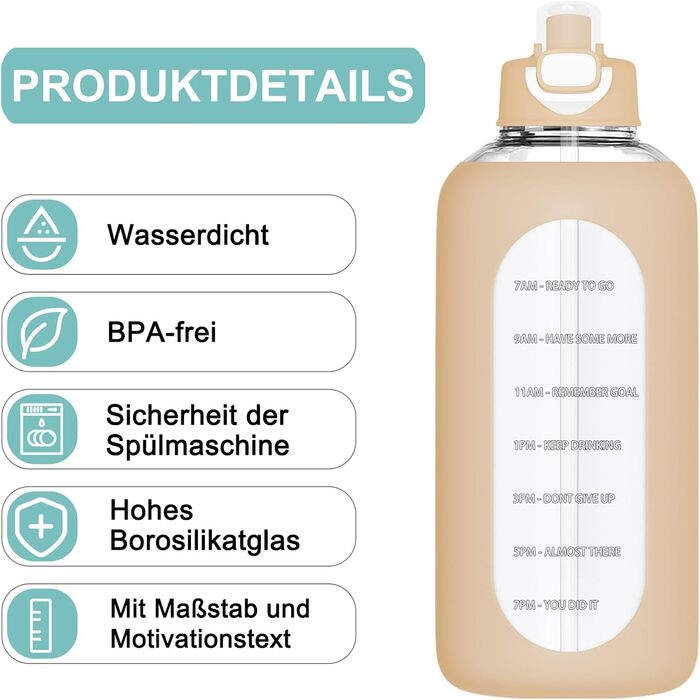 2 Liter Glass Water Bottle, 2L Glass Bottle, Glass Water Bottle with Straw, Bottle Brush (Amber)
