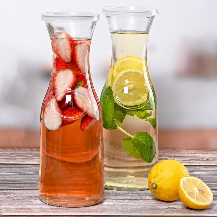 Glass Carafe Style 1 Liter with Lid for 1 Liter (2), Water, Juice, Tall Slim Neck Design, 935 ml, 2 Pieces, Transparent