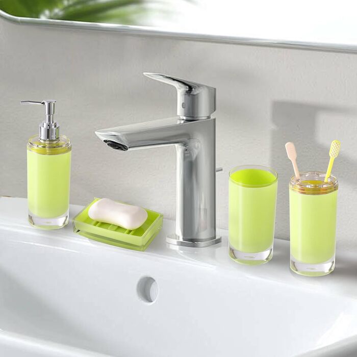 Acrylic Bathroom Accessories Set, Lotion/Soap Dispenser, Soap Dish, Toothbrush Holder, Tumbler, Toilet Brush and Holder, Modern Bathroom Decoration and Housewarming Gift Set, Orange, 5-Piece (Green-5)