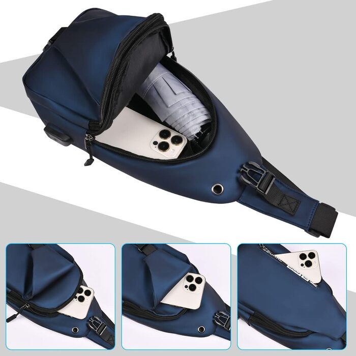 Чоловіча нагрудна сумка через плече, Oxford-тканина, USB-порт для зарядки, водонепроникна, для спорту, роботи, велосипеда, подорожей (Синій #4)