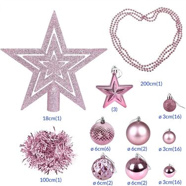 DEUBA® Новорічні кулі 66 шт. Ø 3-6 см, пластик, матові/глянцеві, прикраси для ялинки, новорічний декор (Рожевий)