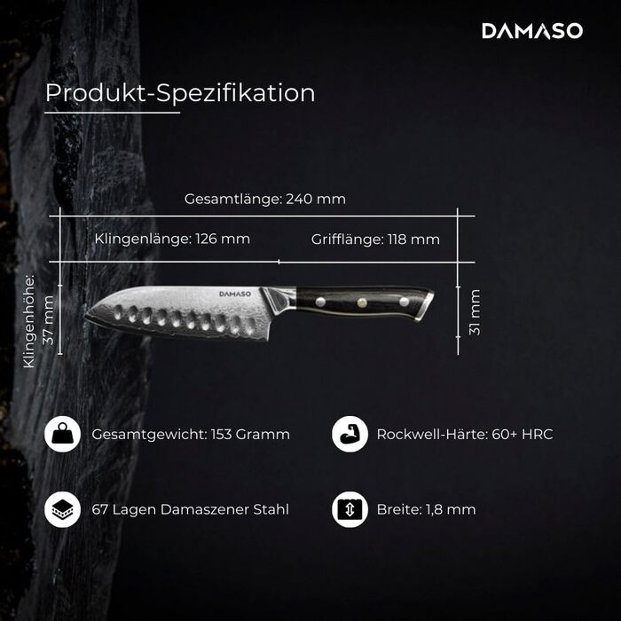 Кухонний ніж Santoku Damaso 12,7 см, 67 шарів дамаск, японський, Black Pearl