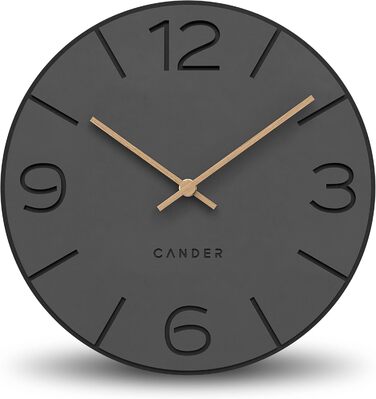 Cander Berlin MNU 2630 Y Wall Clock Silent, No Ticking, 30 cm, Analog, Living Room, Modern, Vintage, Grey, Black, Wooden Hands