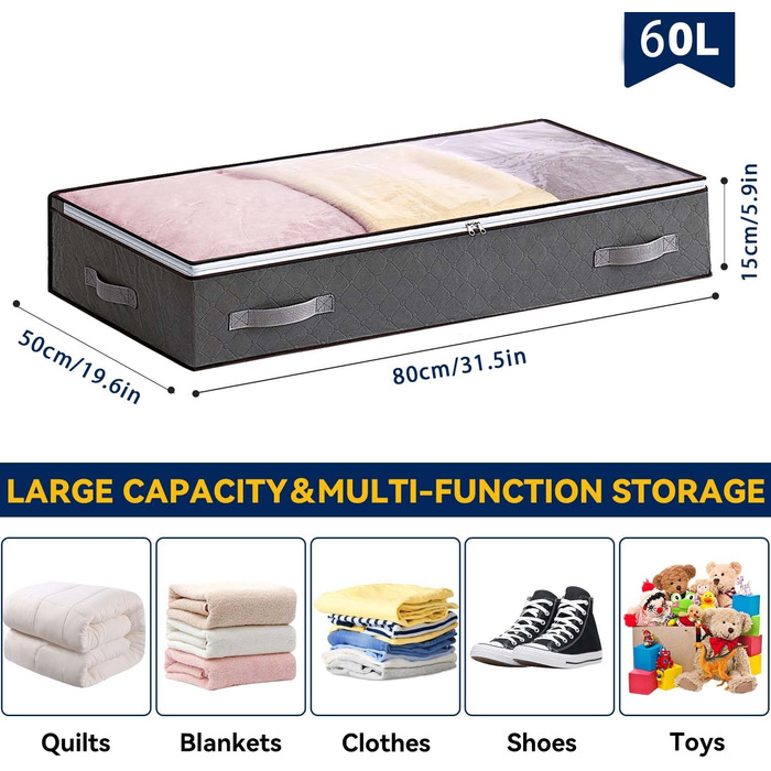 Комод під ліжко Boic, 2 шт., 60 л, для зберігання постільної білизни та одягу, з кришкою, складний, велика коробка для зберігання