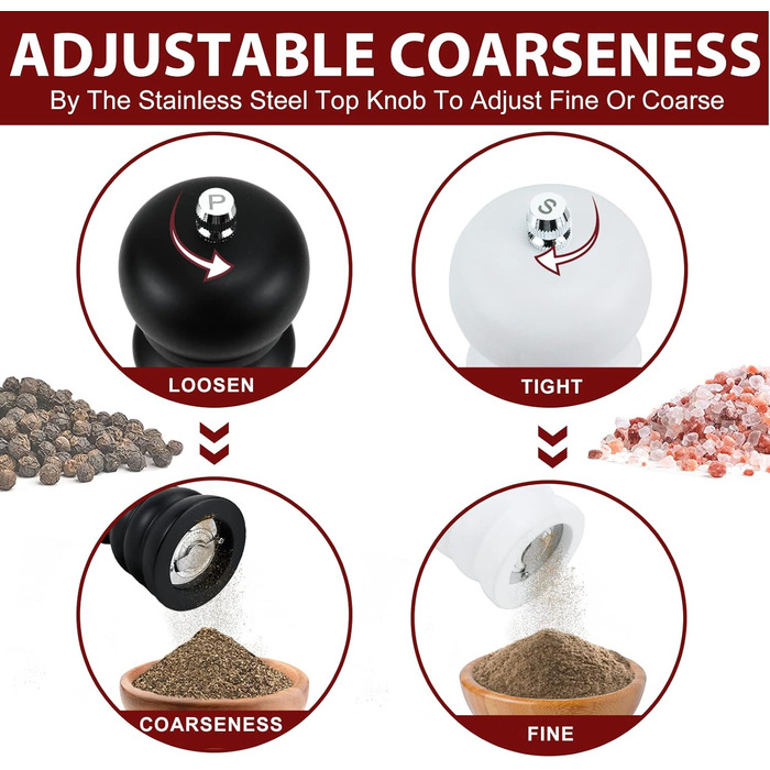 Набір для солі та перцю: ручні млини для перцю та солі, чорного кольору, великі. Дерев'яні млини для спецій з регульованою керамічною помелювальною камерою (від дрібної до грубої). 6,5 дюйми для морської солі, чилі, грубої солі (чорний та білий), 2 шт.