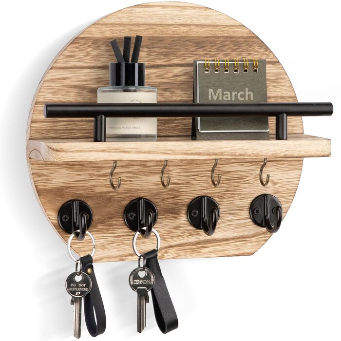 Настінна вішалка для ключів Nekon з полицею та 8 гачками, 24.8 см, дерев'яний декор для дому