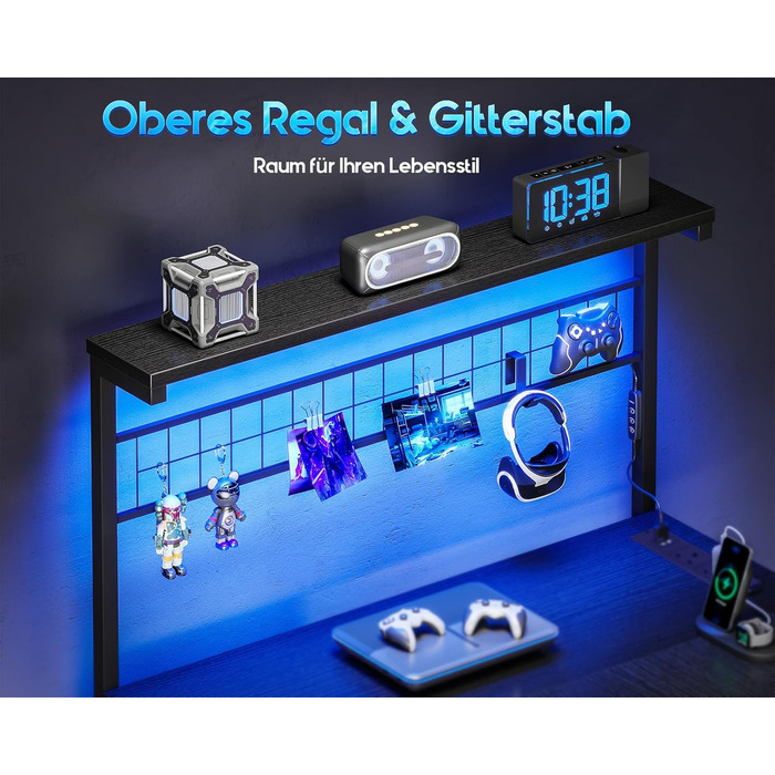 Ігровий стіл Coleshome з LED підсвічуванням, 130 x 100 см. Реверсивний стіл з шухлядами та розетками, кутовий стіл з полицею та місцем для зберігання, чорний