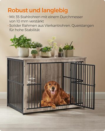 Клітка для собак Feandrea XL, меблева, з журнальним столиком, для собак до 37 кг, міцна, закритий дно, 2 двері, сірий меланж (110 x 76 x 82 см)