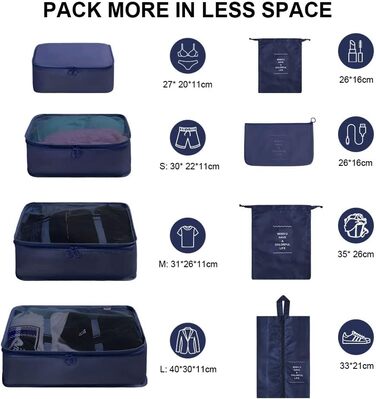 Органайзер для валізи OSDUE, набір 8 шт: кубики для пакування, водонепроникні сумки для одягу, органайзери для подорожей, косметичка, мішечок для взуття, кишеня для USB-кабелів (Бежевий) (Тип B-8шт Синій)