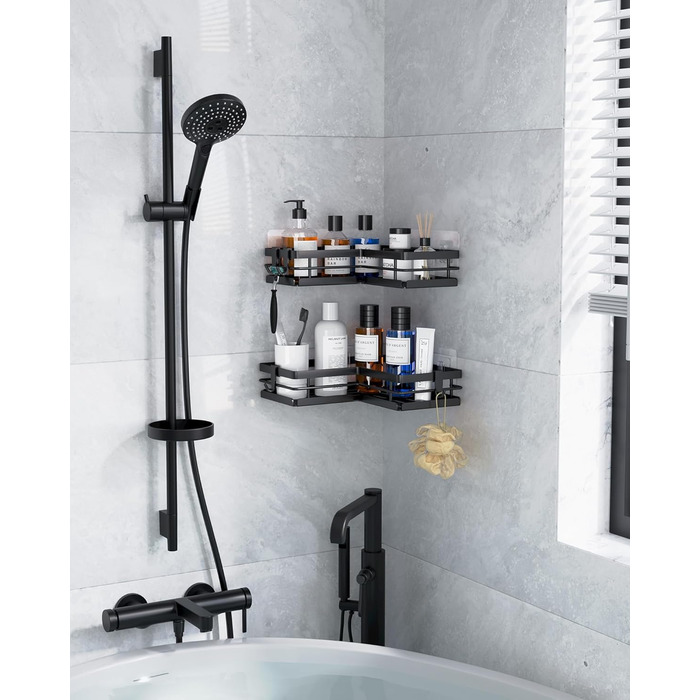 Поличка для душу Kitsure без свердління – 2 шт. Стабільне душове решітка без свердління з швидким стоком, нержавіючою статтю та міцним клейким кріпленням для ванної кімнати, 22,0 x 22,0 x 5,0 см, Чорний