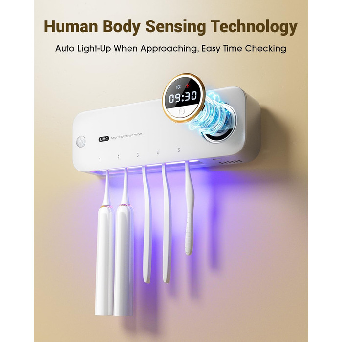Стерилізатор зубних щіток UV-C та UV-A, настінний тримач з функцією повітряної сушки, для дому та подорожей (білий)