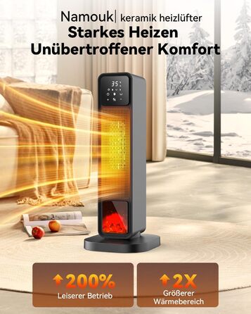 Електричний обігрівач PTC, 2200W, керамічний, з пультом, 4 режими, таймер 12H, термостат, ECO-режим, осциляція 70°, захист від перегріву та перекидання, для дому/офісу, чорний, 61 см