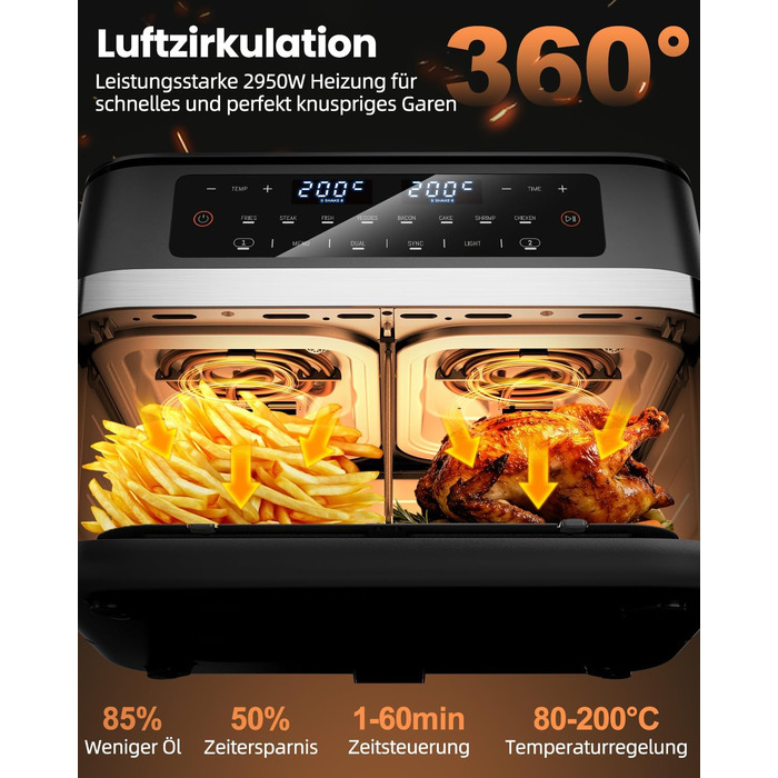 Аерофритюрниця WELLENT 12L Dual Zone XXL - 2950W з двома камерами (6+6L) з оглядовим вікном, функцією Match & Sync, нагадуванням про струшування, придатна для миття в посудомийній машині