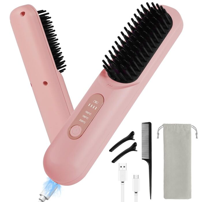 Бездротова випрямляч для волосся LOPHE з LED-дисплеєм, 3 температурні режими, акумулятор, для випрямлення волосся та бороди, білий (рожевий)