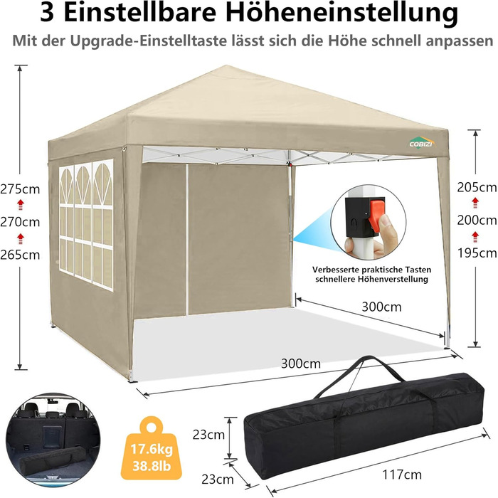 COBIZI Gazebo 3x3 Waterproof Folding Gazebo with 4 Side Walls Outdoor Folding Gazebo Stable UV Protection 50+ Pop-Up Garden Gazebo Party Tent for Outdoors, Garden, Party, Wedding, Market (Khaki, 3x3m)
