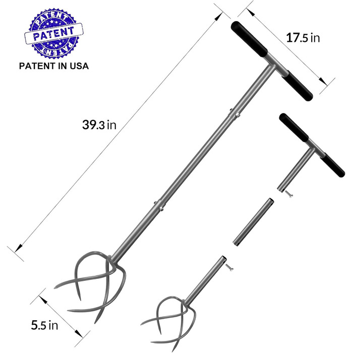 Walensee Garden Claw with 4 Tines Cultivator, Earth Claw and Handle. Gardenclaw Twist Tiller, Aerator and Weed Remover all in one device. Height adjustable garden cultivator for raised garden beds.