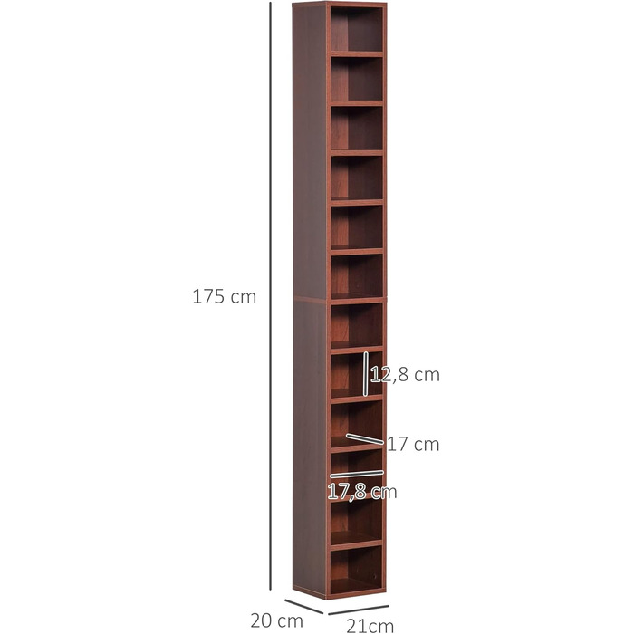 Стелаж HOMCOM для зберігання CD та DVD, 12 секцій, до 204 дисків, 21x20x175 см, коричневий