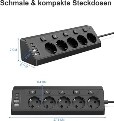 Розподільник розеток з незалежним вимикачем, мережевий фільтр з 4 USB (2 USB-C) + 5 розеток з дитячим захистом, 3680W, 2м подовжувач для кухні, офісу, дому (чорний) 5 розеток Чорний - Розподільник розеток