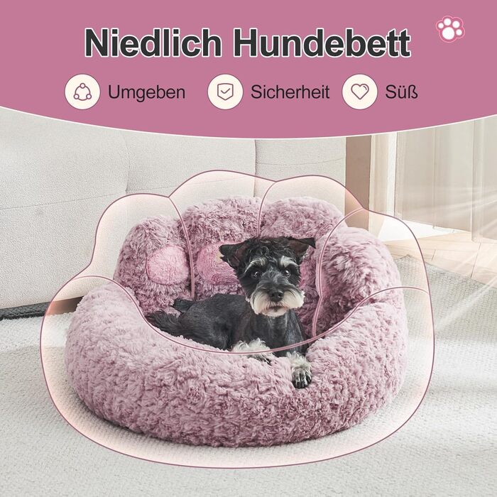 Jiupety Pet Round Dog Bed in Paw Shape, Soothing Donut Dog Bed, Faux Fur Cat Bed, Medium Size. The diameter is 56cm, comfortable and soft, machine washable (L 66 cm x W 66 cm x H 20 cm, Violet).