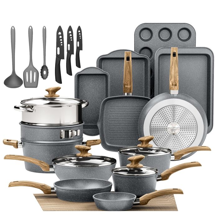 Набір посуду Kitchen Academy 30 предметів з антипригарним покриттям, індукційний, гранітний (сірий)