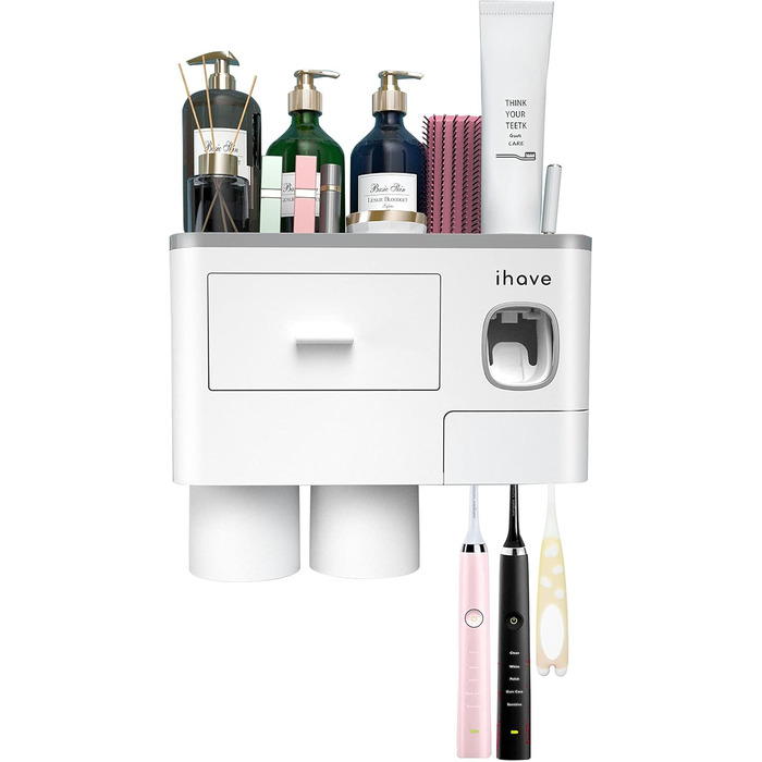 I have toothbrush holders for bathroom decor, 2 cup toothbrush holders wall-mounted with toothpaste dispenser, bathroom accessories with a large-capacity tray, and a cosmetic drawer.