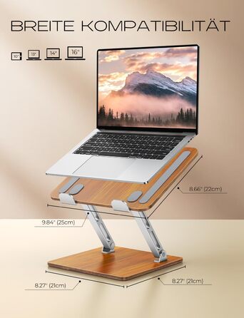 Регульований підставка для ноутбука: алюміній та дерево, складна, сумісна з MacBook, HP (10-16 дюймів)