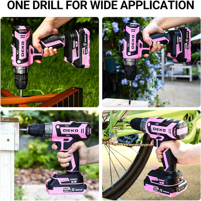 Акумуляторний шурупокрут DEKOPRO 20V 40 Nm: комплект з 2 акумуляторами, LED, 18+1 момент, для дому та DIY, рожевий