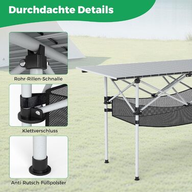 Складний кемпінговий стіл COSTWAY 119x55 см з алюмінієвою стільницею та сітчастою корзиною, до 100 кг, з сумкою для перенесення - для кемпінгу, саду (Срібний)