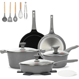 Набір посуду UCCLIFE 17 предметів: каструлі, сковорідки з антипригарним покриттям, керамічний набір, антипригарна сковорода, каструля, суповарка, безпечний, для індукційних плит, кухонний набір, сірий колір