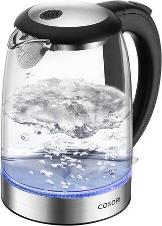 COSORI Glass Kettle, 1.7 Liter, Blue LED, BPA-Free, 2200 Watt, 5-Minute Boil Time, Overheat Protection, 360° Swivel, Kettle made of Borosilicate Glass with Stainless Steel Bottom and Filter