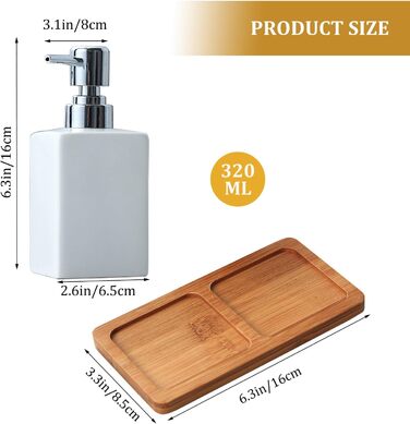 Bathroom Accessories, 3-in-1 Bathroom Set, Soap Dispenser, Ceramic Toothbrush Holder, and Bamboo Tray, Ceramic Material, White, for Bathroom, Sink, Bathtub, Reusable Shampoo