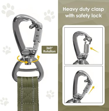 Тактична повідок для собак AUBELL, міцна, світловідбиваюча, без натягу, з амортизатором, для середніх та великих собак, з м'якою ручкою, авторемнем безпеки, поворот на 360°, 1.2-1.8 м, зелена