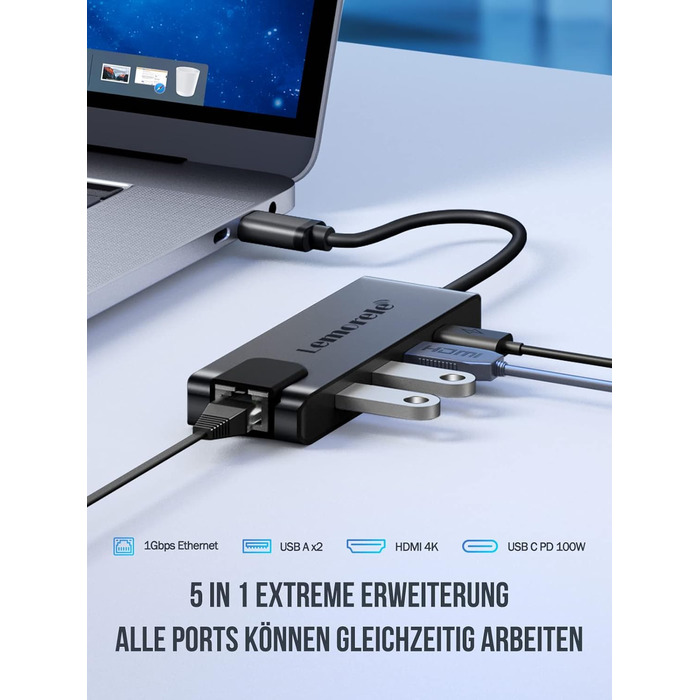 Lemorele USB-C хаб 14-в-1: док-станція з 3 портами дисплея (2 HDMI 4K + VGA), 5 USB (3x USB 3.0), 100W PD, SD/TF кардрідер, аудіо, сумісна з MacBook, Dell, Windows