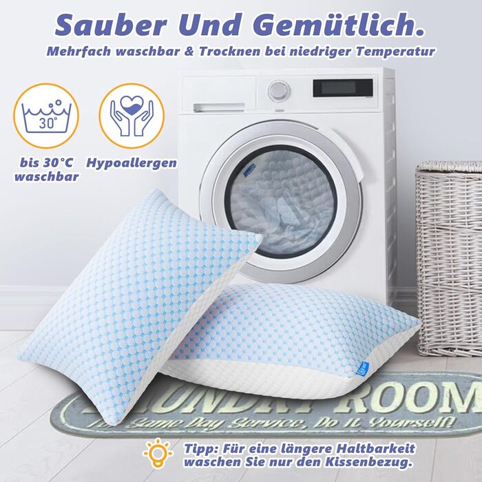 Подушка KUFIKUF 40x80 см, мікрофібра, регульована висота, охолоджувальна та зігріваюча, для алергіків, ортопедична, дихаюча, для сну на боці та спині, небесно-блакитна