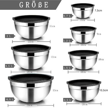 Homikit Mixing Bowl Set, Stainless Steel Bowl 7-Piece Set, Salad Bowl with Airtight Lid for Cooking/Baking/Serving, Nesting & Dishwasher Safe, 6.5/4.5/2.7/2.5/1.5/1.2/0.7L, Black