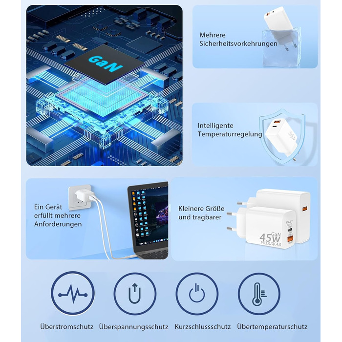 Мережевий зарядний пристрій USB-C 45W з 2 портами, PD 3.0, швидка зарядка для Samsung Galaxy S24/S23/S22, iPhone 16/15/14 Pro Max, iPad, Pixel, мобільні телефони