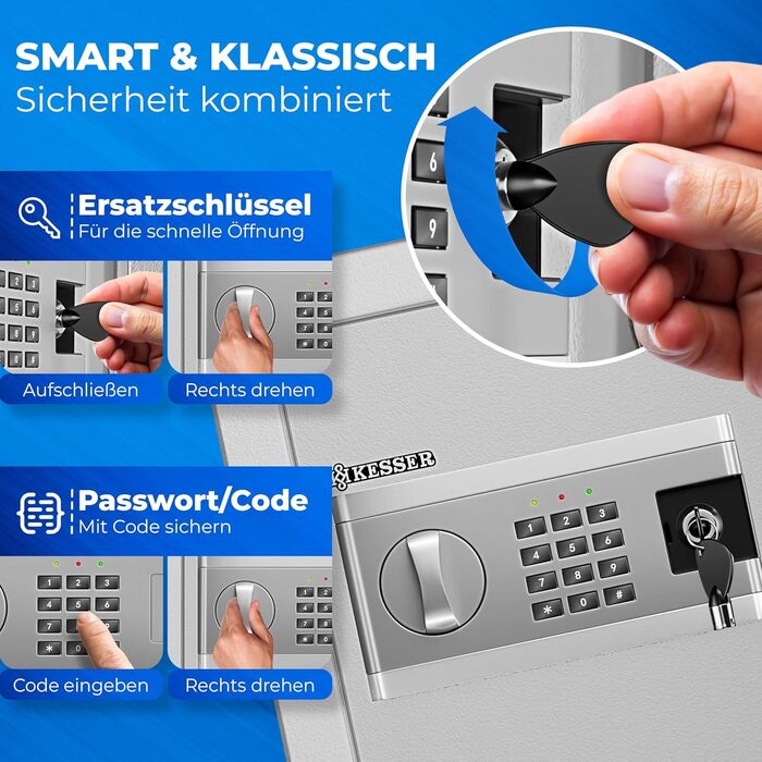 Електронний сейф KESSER® 35x25x25 см, з батарейним відсіком, подвійним замком, для підлоги/стіни, сталевий, з кодовим замком (Срібний, M)