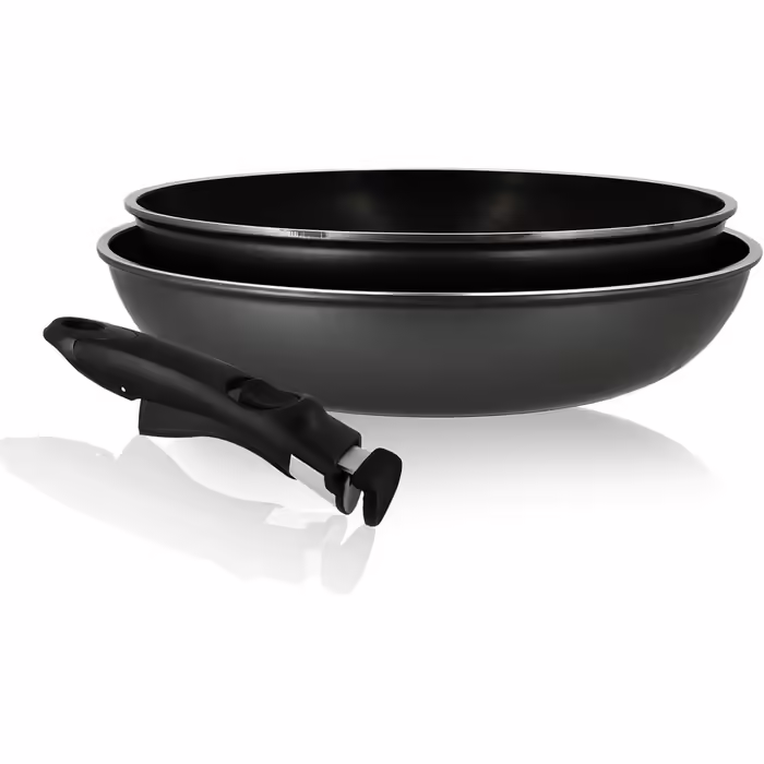 MENASTYL - 3-Piece Pan Set 24/28 cm + 1 Detachable Handle 6020283 – Pans made of aluminum for all types of stovetops including induction - Non-stick coating – Black
