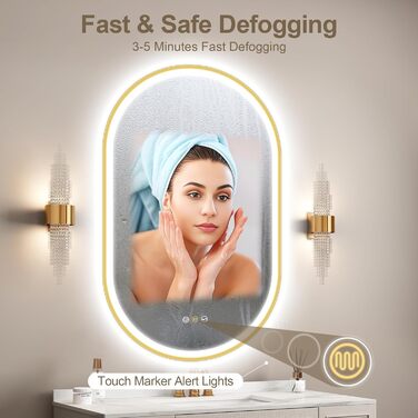 Дзеркало для ванної кімнати STARLEAD овальне LED з підсвічуванням 90x60 см, Bluetooth, диммер, 3 кольори світла, протитуманне покриття, функція пам'яті, HD скло, IP44, горизонтальне/вертикальне, без рамки, Munich Gold (Bluetooth)