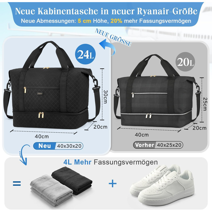 Дорожня сумка ETRONIK для ручної поклажі Ryanair 40x30x20 см, водонепроникна, з відділенням для взуття, чорна